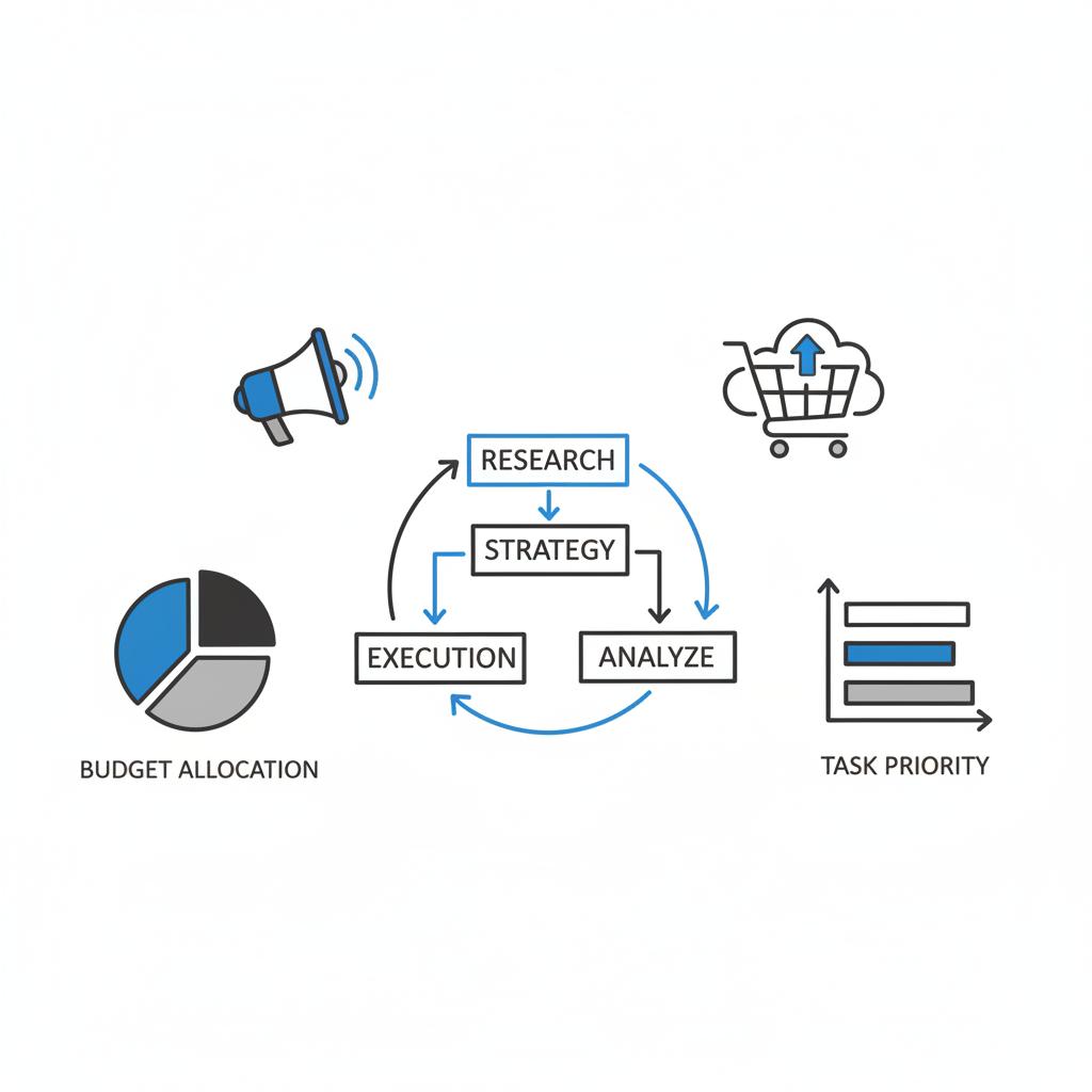 Minimalist 2D vector venue plan showing stage, rows of seats, flow arrows and icons for email, social, and partners &mdash; how to promote an event