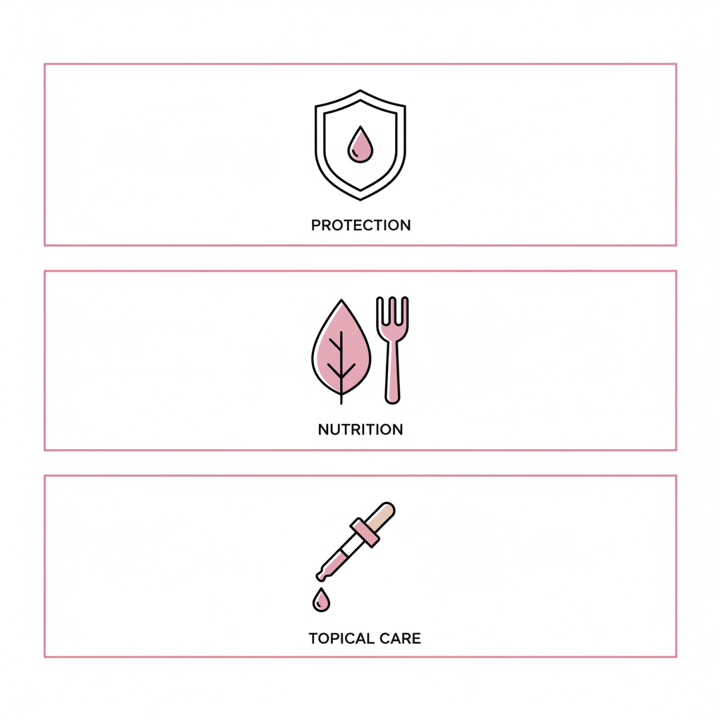Minimalistische 2D-Infografik mit drei horizontalen Icons (Schild+Wassertropfen, Blatt+Gabel, Pipette+Öltropfen) zur Illustration, brüchige Nägel stärken