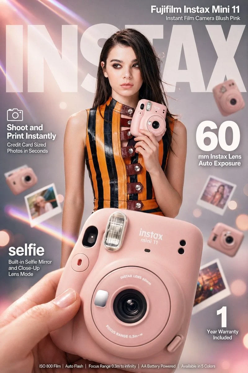 Infografía publicitaria de alto impacto para comercio electrónico sobre la cámara instantánea rosa palo "Fujifilm Instax Mini 11".