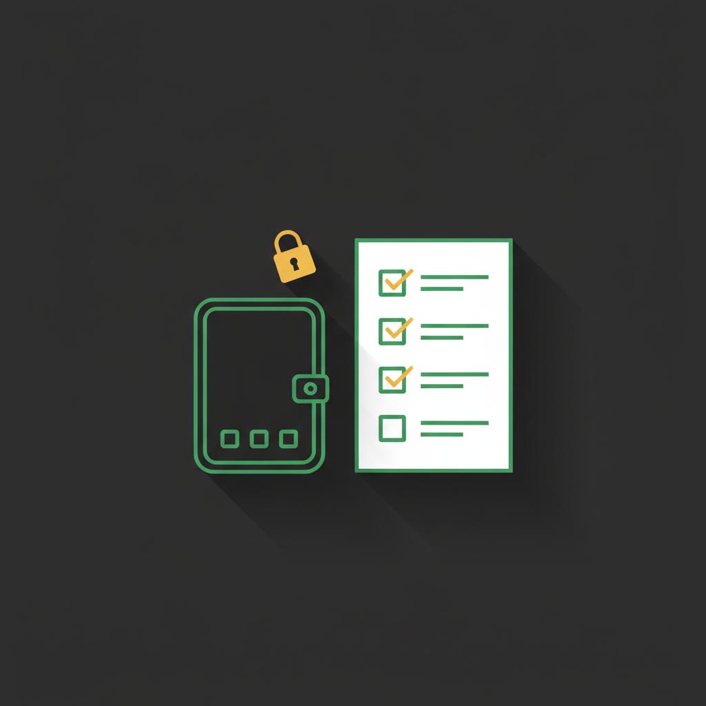 Minimalist 2D vector hardware wallet and checklist on dark table representing best crypto buy today with Finance Police green and gold accents