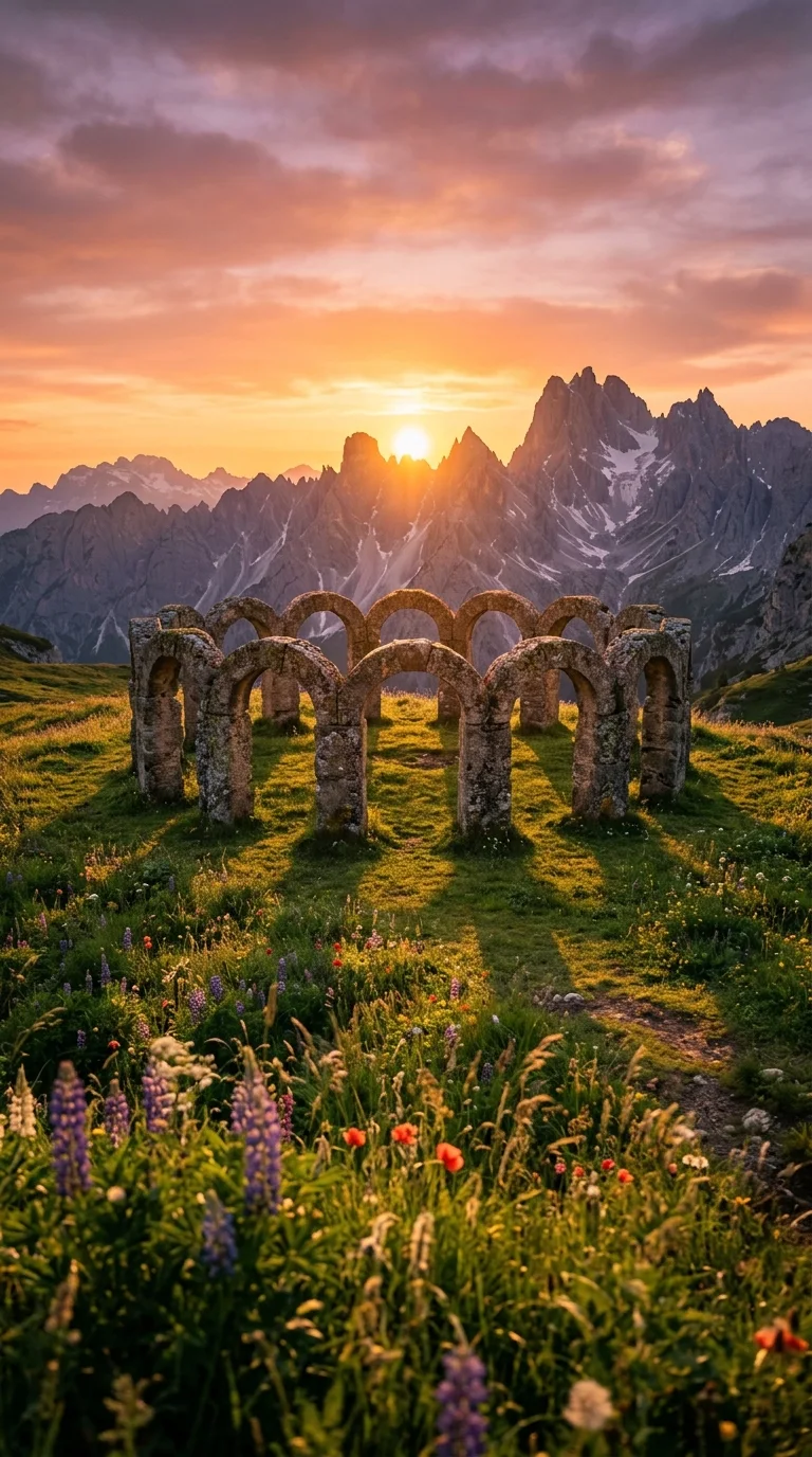 Ancient Stone Arches in Tranquil Mountain Meadow at Sunset - Free 4K mobile Wallpaper