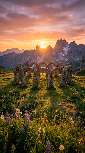 Ancient Stone Arches in Tranquil Mountain Meadow at Sunset - Free mobile Wallpaper