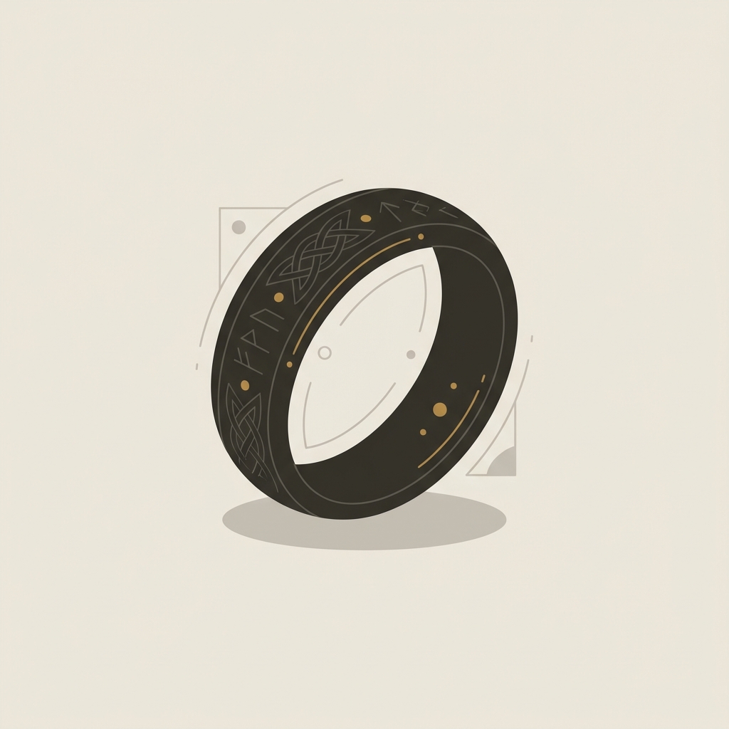 Minimalist 2D vector depiction of an antique viking ring centered on a soft beige background with muted secondary accents and subtle bronze highlights