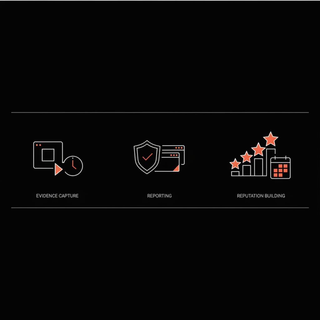 Minimal vector infographic on black background showing steps for how to remove negative reviews: evidence capture (screenshot & clock), reporting (shield & platforms), reputation rebuild (stars & calendar).