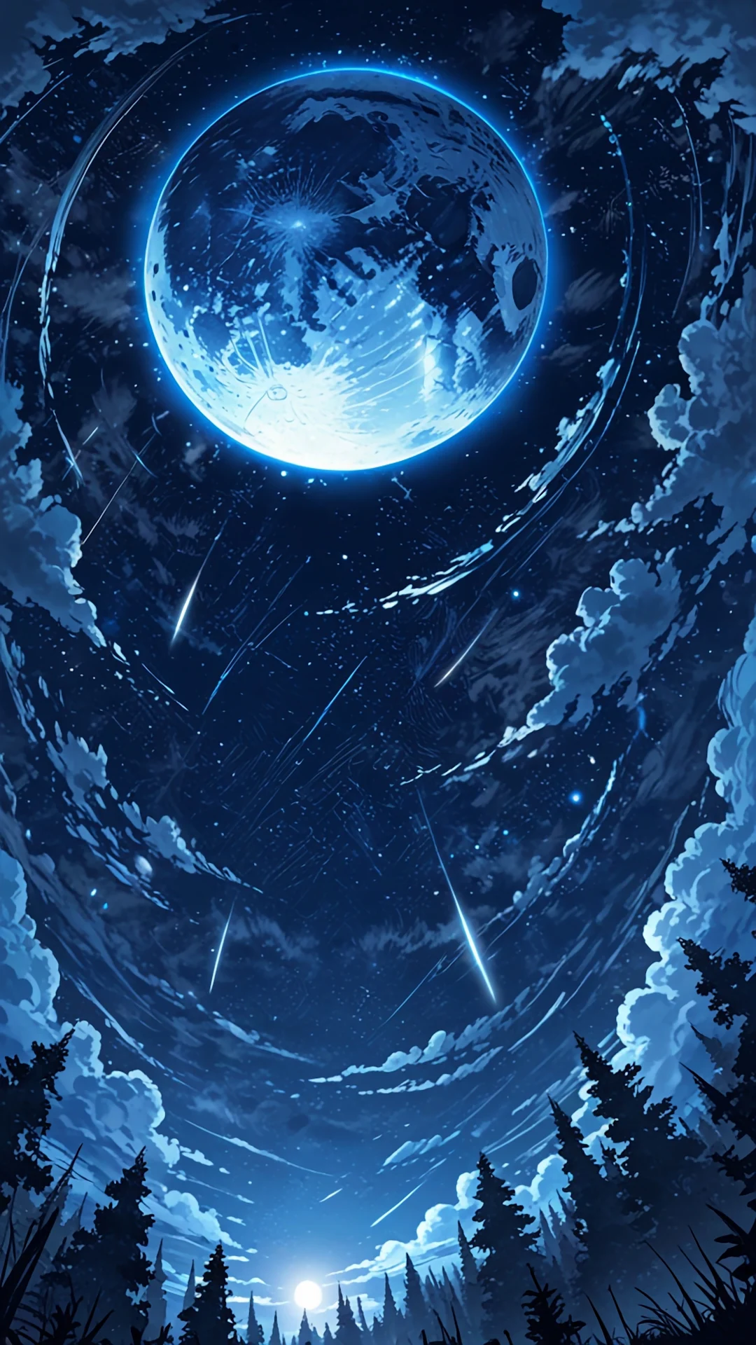 Giant Blue Moon and Meteor Shower Over Dark Forest - Free 4K mobile Wallpaper