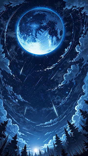 Giant Blue Moon and Meteor Shower Over Dark Forest - Free mobile Wallpaper