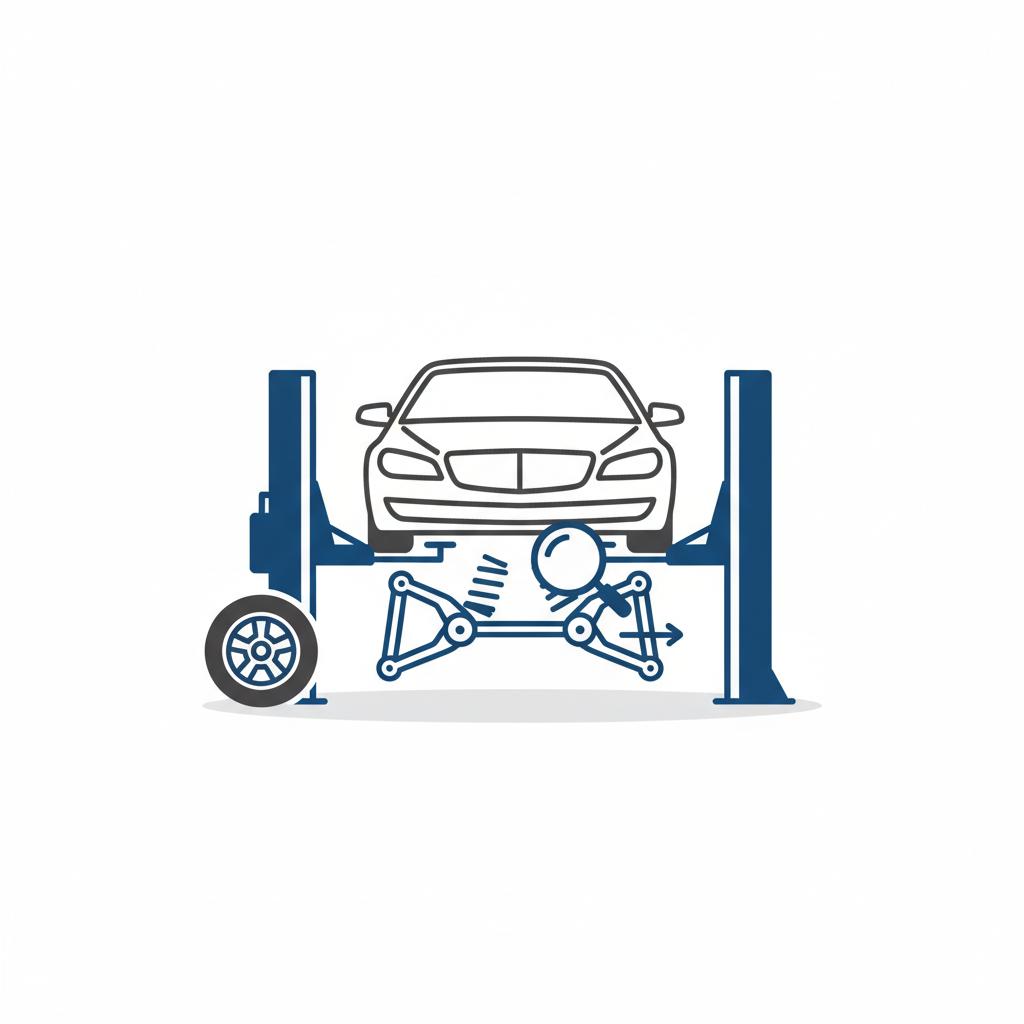 Minimalist vector illustration of a used mercedes for sale on a two post lift with suspension highlighted and a magnifying glass indicating inspection no people no logos