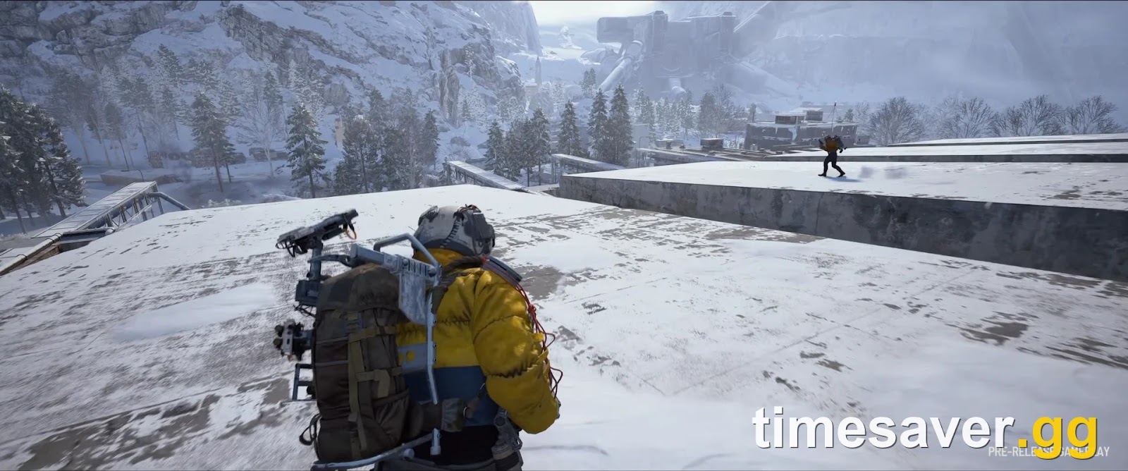 Snowy, vertical Pendola Pass environment in ARC Raiders Frozen Trail, with Raiders positioned on industrial rooftops