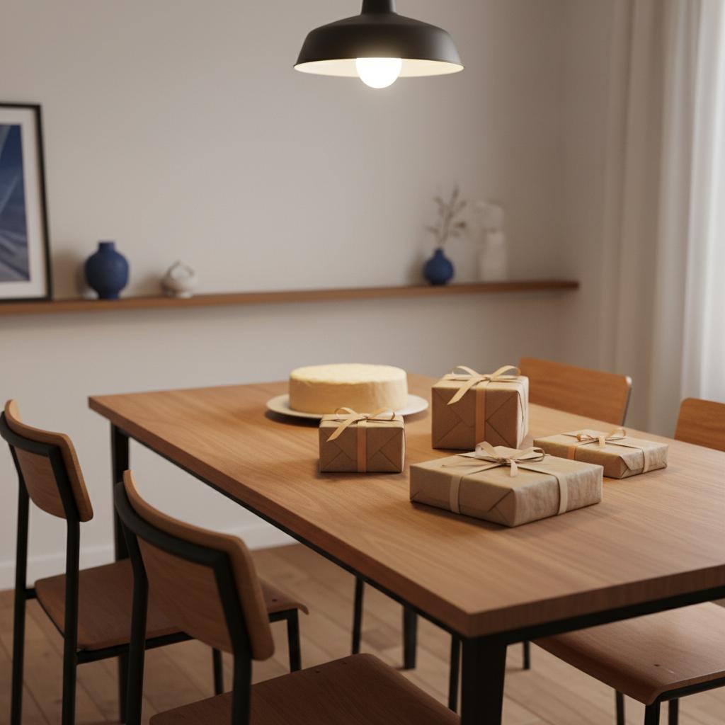 Esstisch mit mehreren kleinen Geschenken und einfachem Vanillekuchen in warmem Industrial-Wohnzimmer – geschenke erzieher im minimalistischen Steelmonks-Stil.