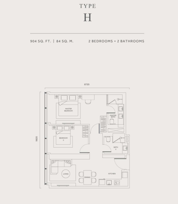 CloutHaus Type H floor plan — 816 sq ft, 2 bedrooms