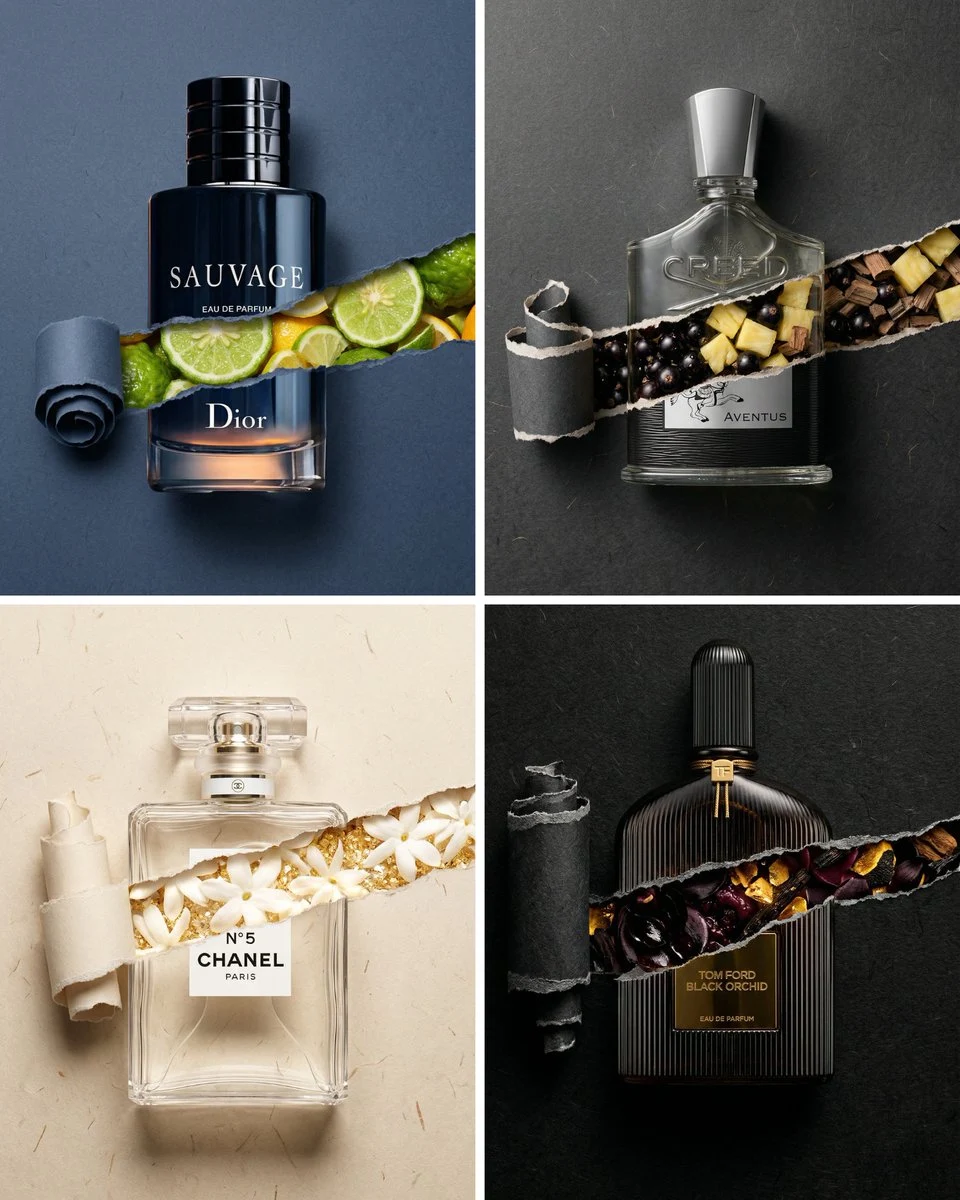 Fotografía artística de una lágrima en un frasco de perfume Dior