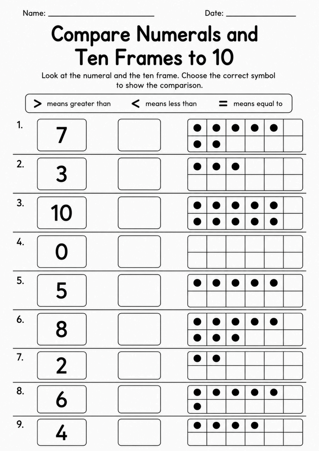 Compare Numerals and Ten Frames to 10 Worksheet