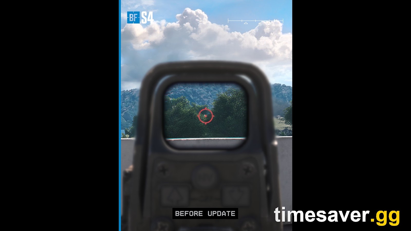 Battlefield 6 holographic sight reticle as it looked before Update 1.4.3.0, labelled Before Update by EA