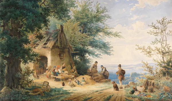 Sommerliche Landschaft mit Bauern bei der Flachsverarbeitung Ca 1860 70