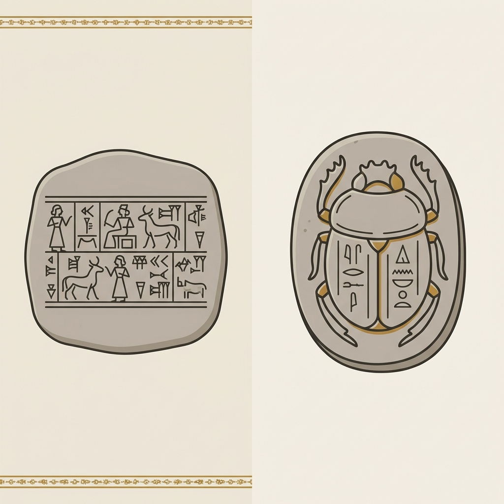 Minimalist 2D vector comparison of a Mesopotamian cylinder seal impression and a carved Egyptian scarab impression on clay uses signet ring ancient visual reference on beige background