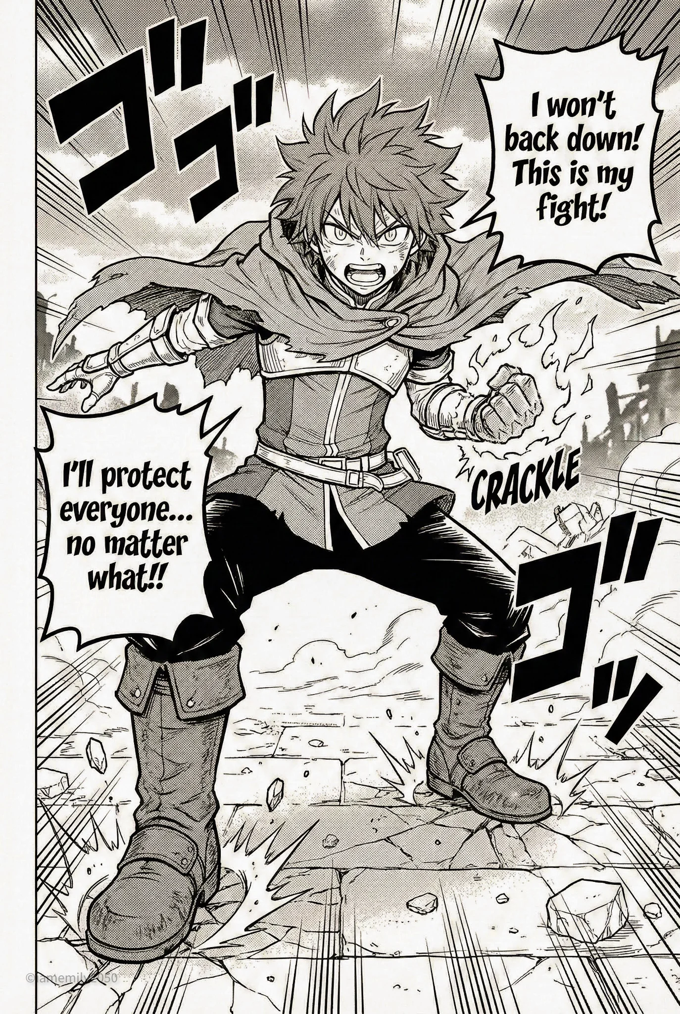 Escena de batalla llena de energía al estilo del manga shonen moderno.