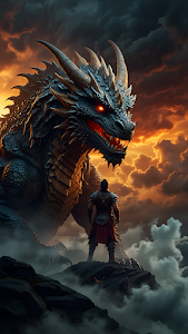 Epic Dragon Confrontation Warrior Facing Fiery Sky
