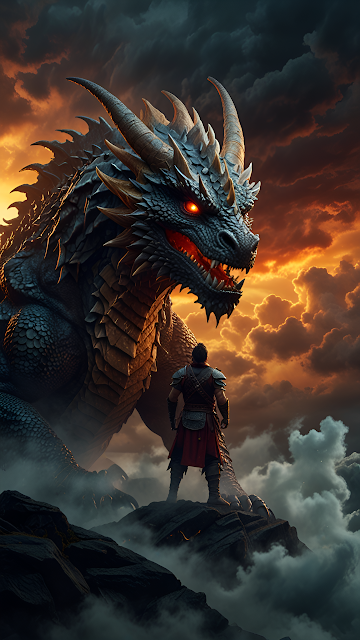 Epic Dragon Confrontation Warrior Facing Fiery Sky - Free mobile Wallpaper