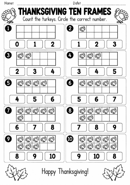 Thanksgiving Ten Frames Worksheet
