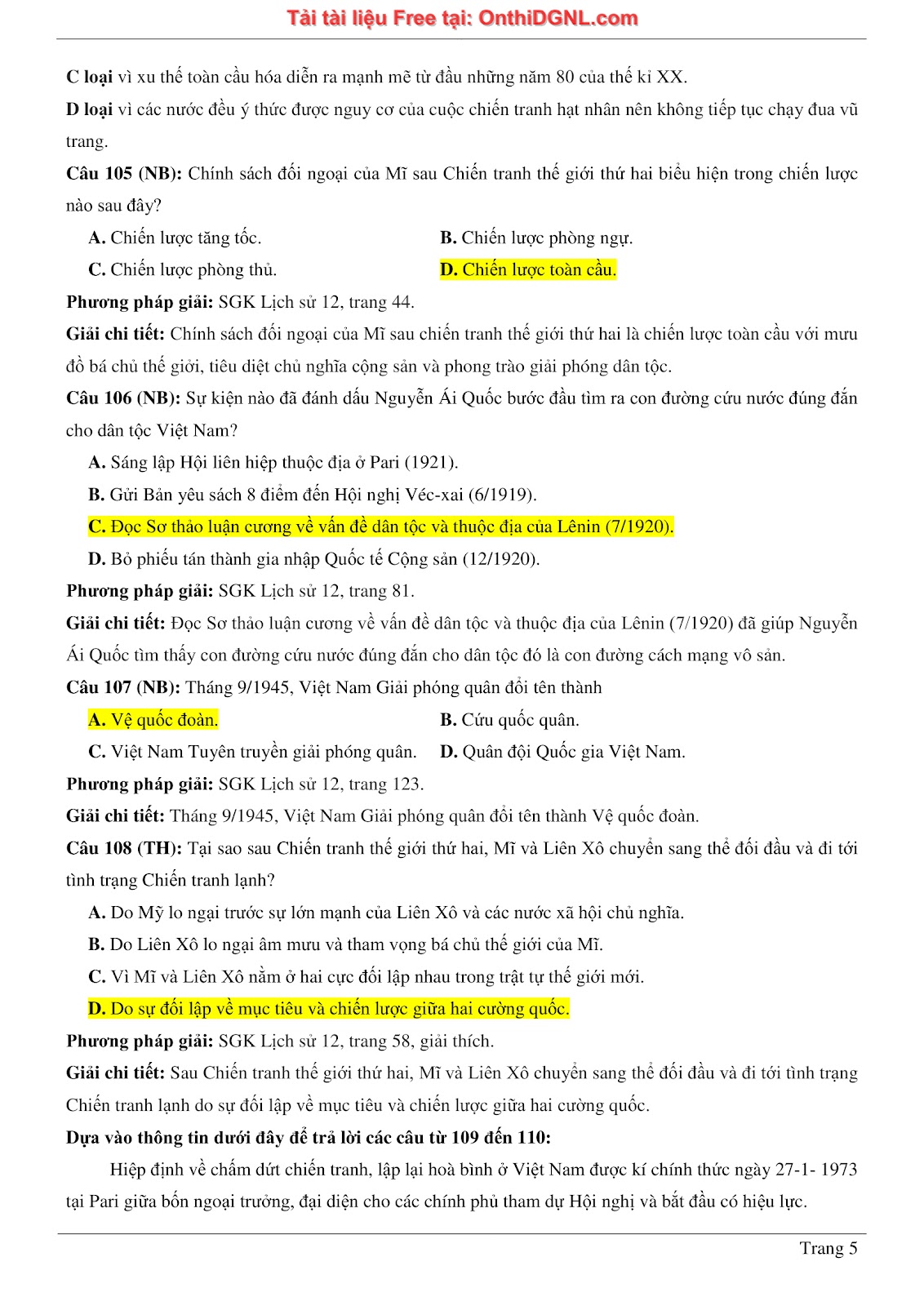 150 bài tập môn Sủ- Ôn thi ĐGNL ĐHQG HN Phần 7