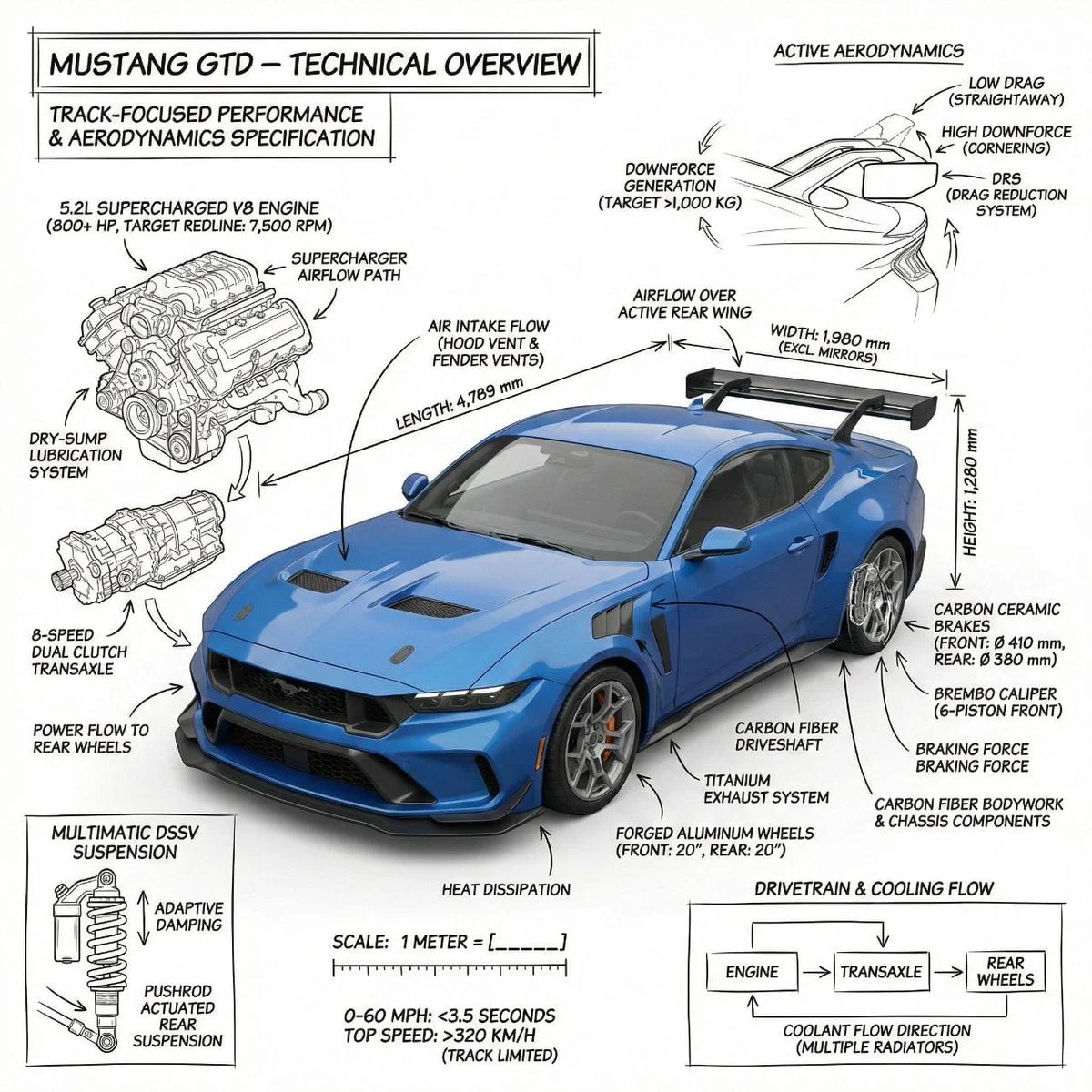 Crea una imagen infográfica del Mustang GTD combinando una fotografía realista o una representación fotorrealista del...