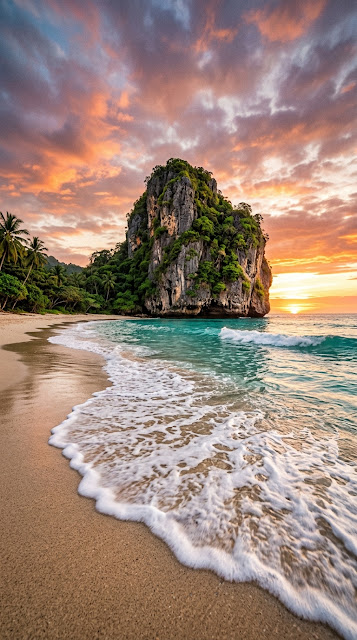 Stunning Tropical Beach with Limestone Karst Island at Golden Hour - Free mobile Wallpaper