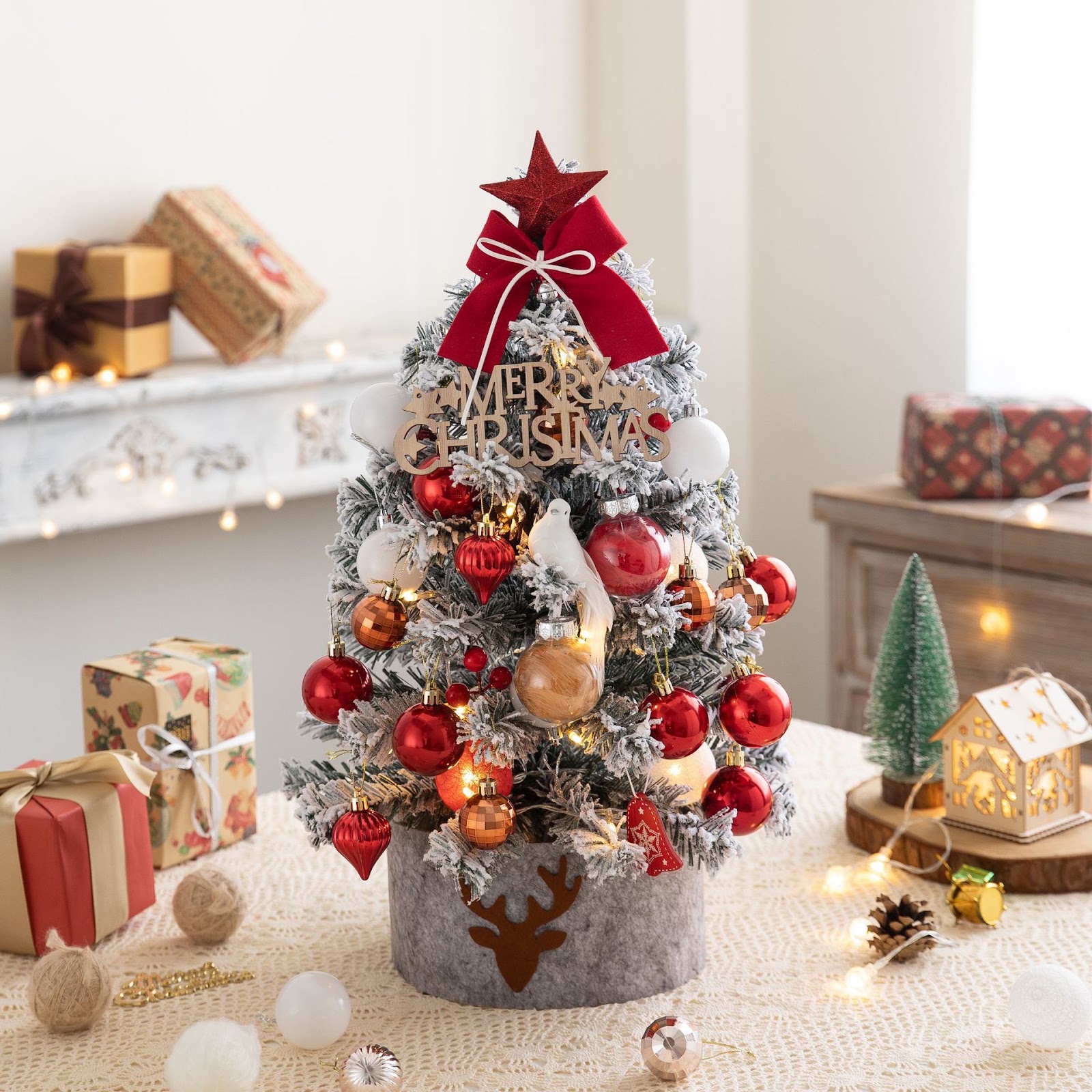 Mini Christmas tree with lighting, flocked
