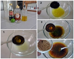 Pha dầu giấm mật ong chanh: Vắt nước cốt 1 trái chanh vào chén, thêm 1 muỗng canh dầu ôliu, 1 muỗng canh giấm, 1 muỗng cà phê mật ong, 1 muỗng cà phê mè trắng rang. Trộn đều tất cả gia vị lại với nhau.