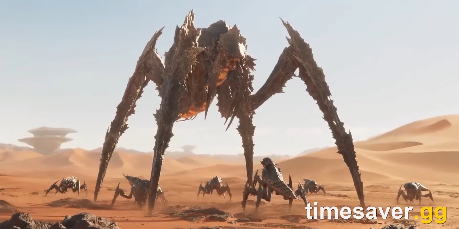 Helldivers 2 Bile Titan striding across a desert battlefield surrounded by smaller Terminids