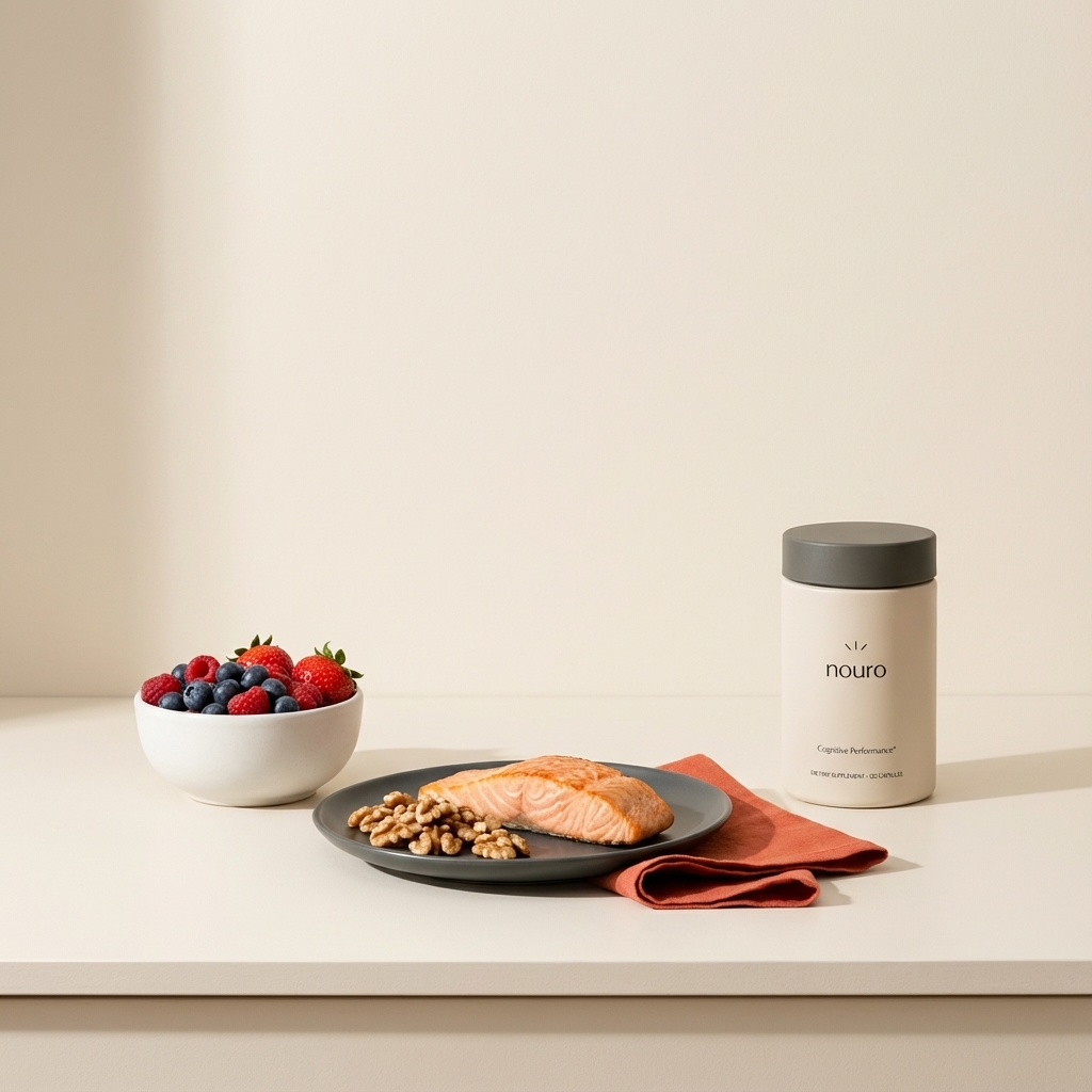 Nouro bottle beside mixed berries, salmon and walnuts on a minimalist kitchen counter as a brain-healthy meal scene related to the biggest cause of Alzheimer's
