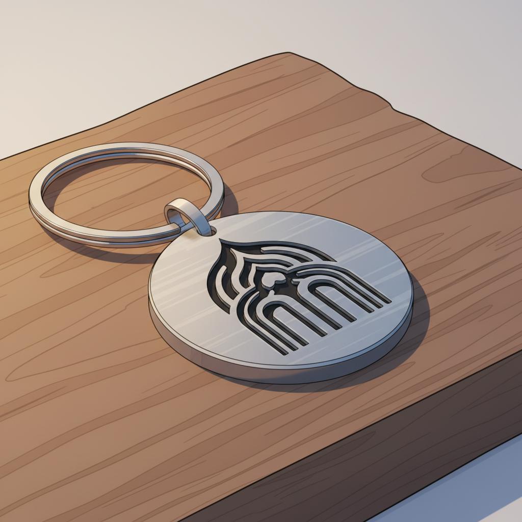 Nahaufnahme eines gravierten Metallanhängers auf Schlüsselbund auf rustikalem Holz, Fokus auf Gravur und Materialtextur, 2D Vektor, minimalistisches Steelmonks-Design — geschenkideen für frischgebackene väter