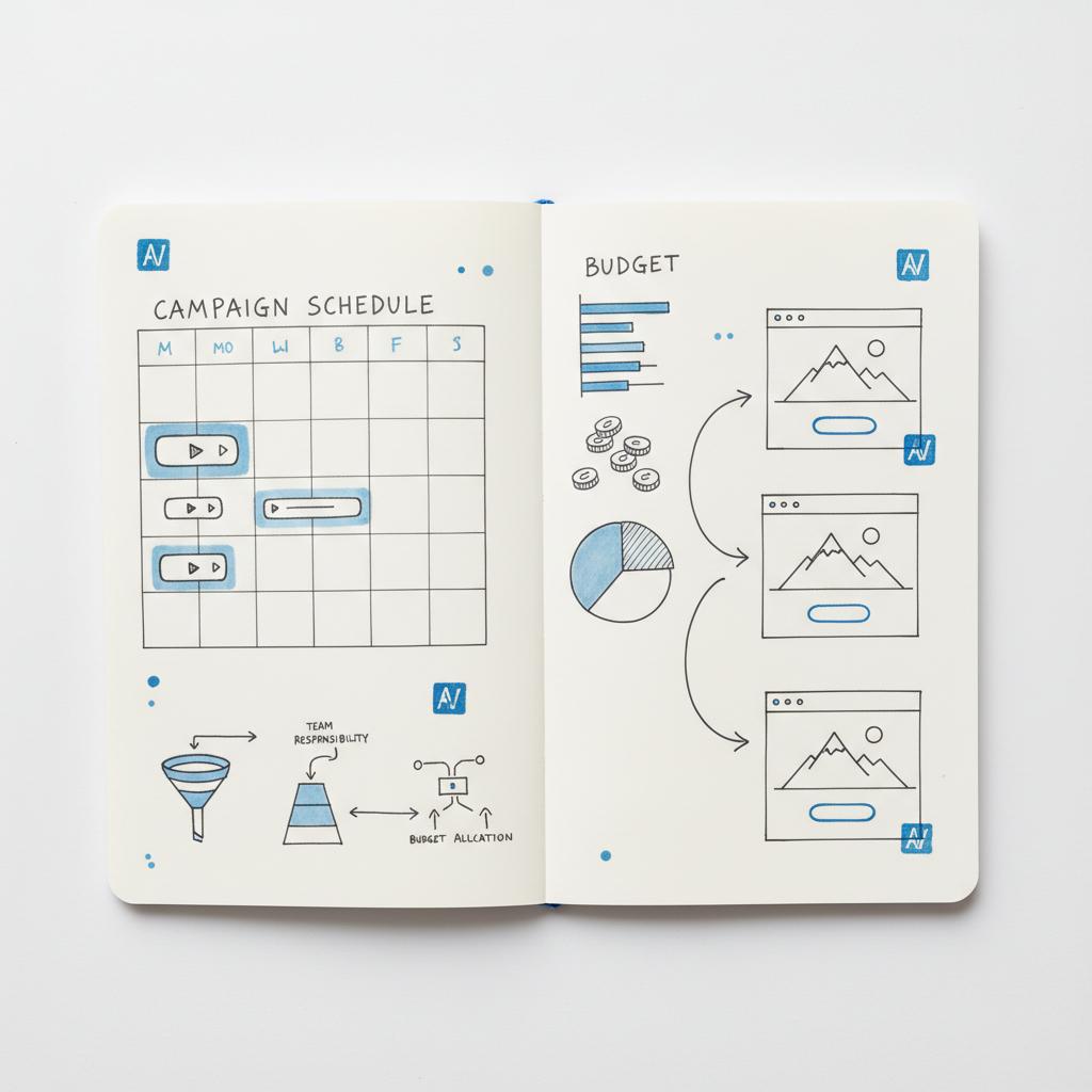 Close-up sketchbook spread showing a campaign calendar with short/medium/long video clip icons, budget column and arrows to landing-page thumbnails for TikTok ads cost planning.