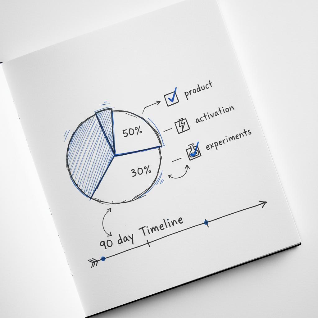 Close-up notebook sketch of a hand-drawn 50/30/20 pie chart with product, activation, experiments checklist shown as icons and a three-segment 90-day timeline, blue accents &mdash; 50/30/20 branding