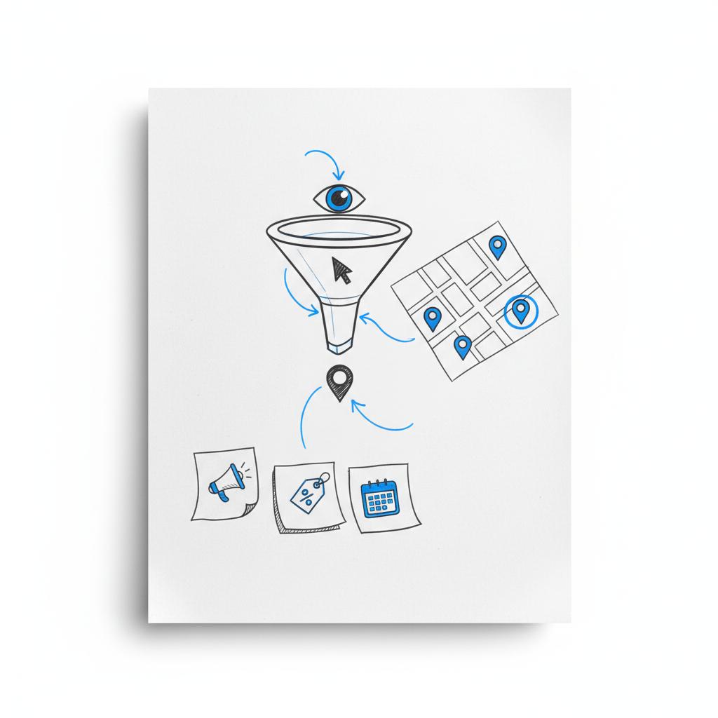 Top-down sketch on a clean notebook page showing a marketing funnel with icons, a small neighborhood map with pins, and sticky-note promo doodles in brand colors &mdash; advertise on Nextdoor cost