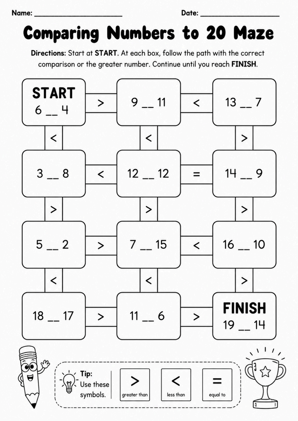 Comparing Numbers to 20 Maze Worksheet