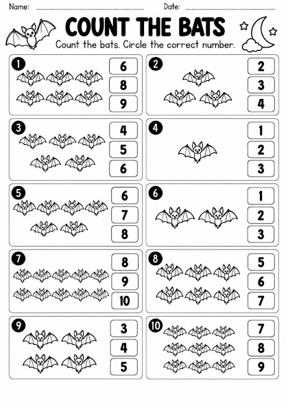 Count the Bats to 10 Worksheet