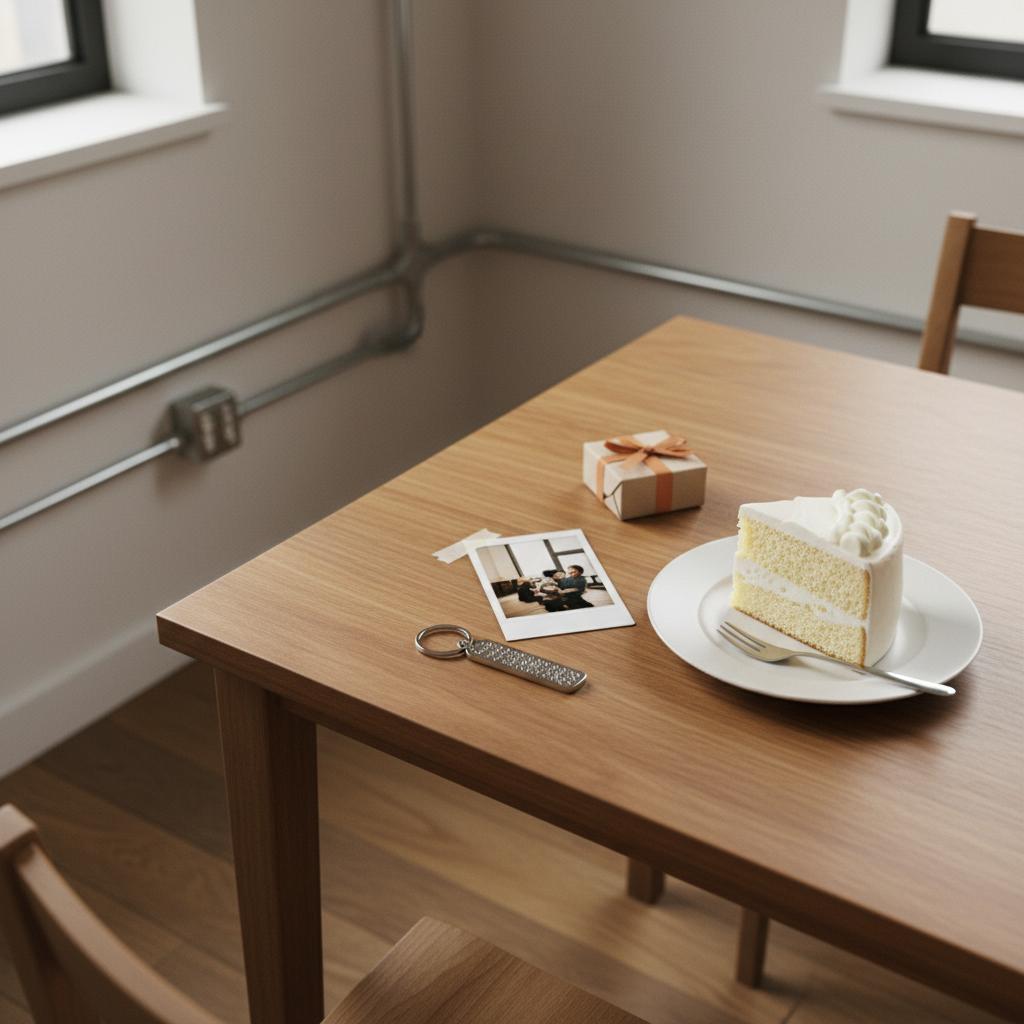 Intime Esstischszene mit geschenkideen für eltern: gravierter Schlüsselanhänger, eingeklebtes Foto, kleines Paket und Stück Vanillekuchen bei warmem Licht
