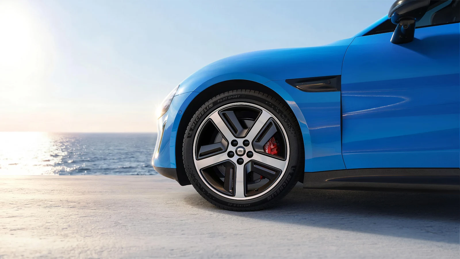 Xiaomi SU7 Wheel Near Ocean - Automotive Photography 4K Wallpaper (3840x2160)