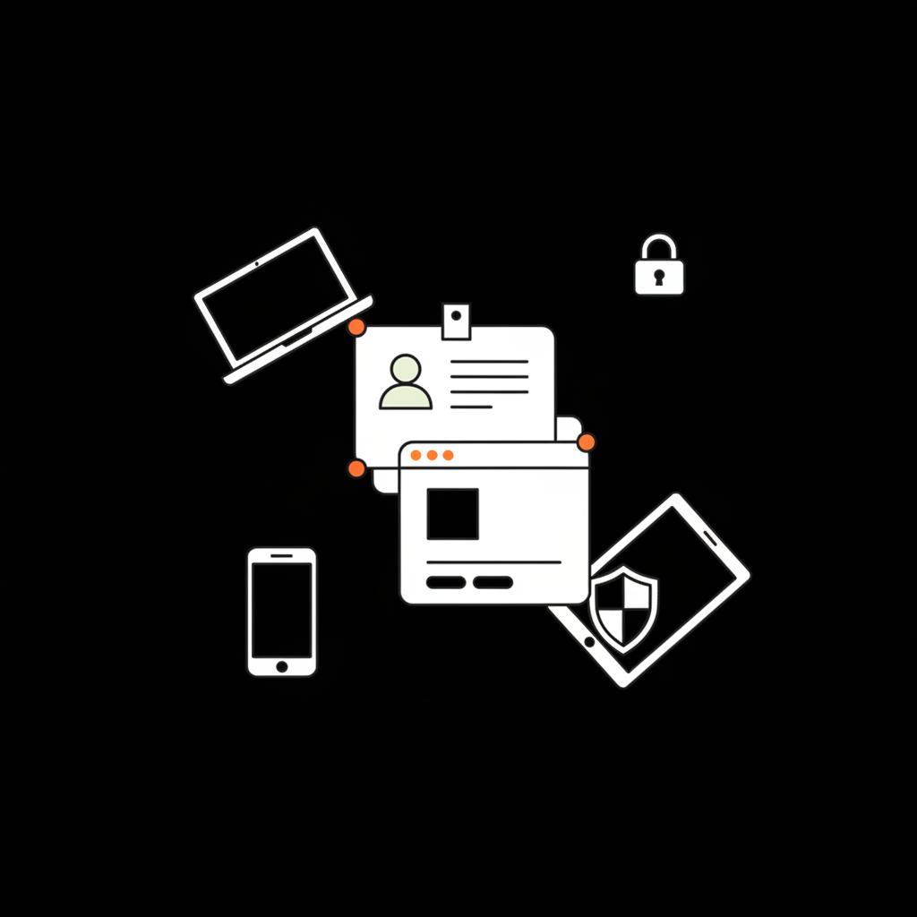 Minimal vector infographic of a recovery packet (ID card, screenshot mock, password-list blocks, device icons) on black background illustrating how to recover forgotten password.