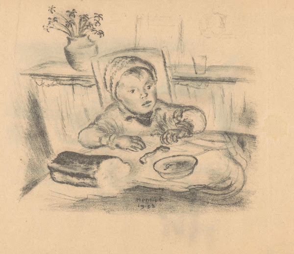 Kind met muts aan tafel 1933