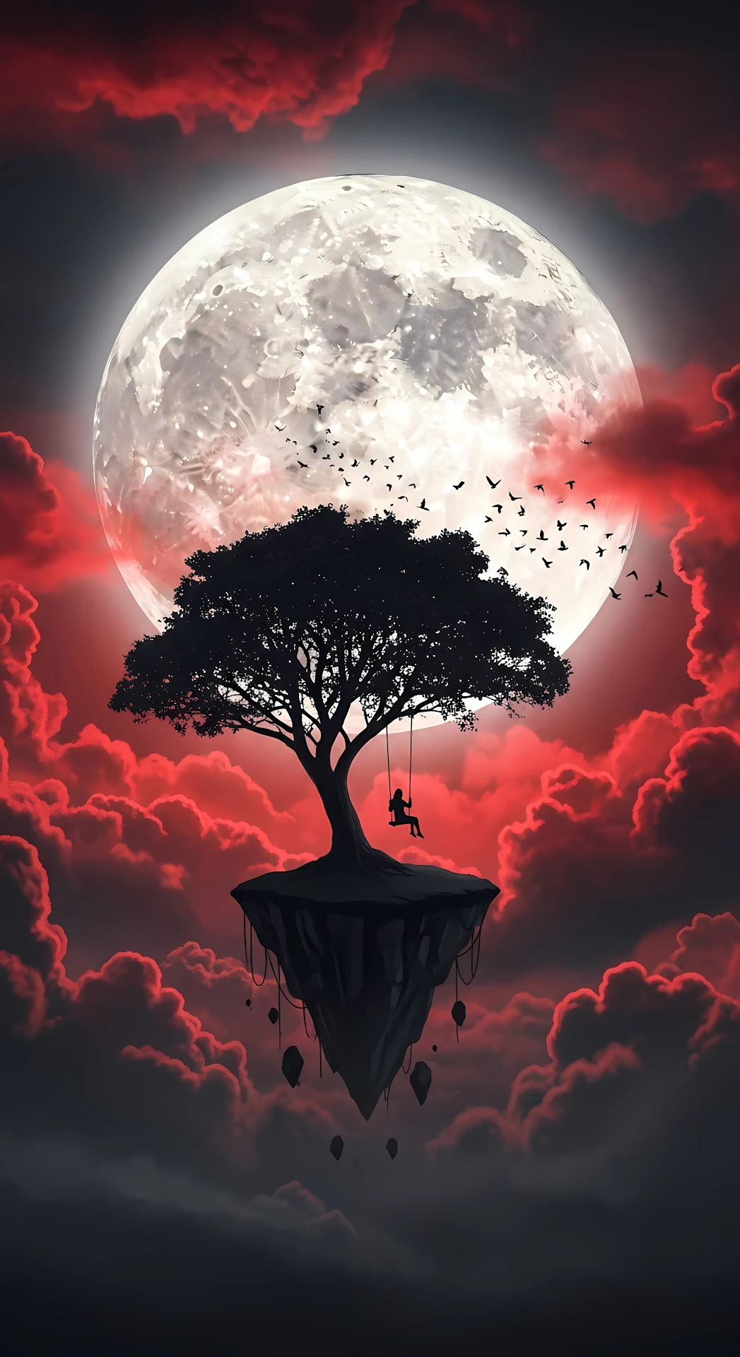 Solitary Swing on a Floating Island Under a Red Moon - Free 4K mobile Wallpaper