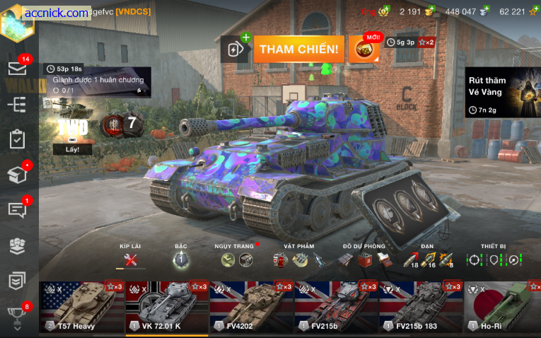 Bán acc WoT Blitz khủng, acc có 7 xe tak cấp 10 VK 72.01 K,...
