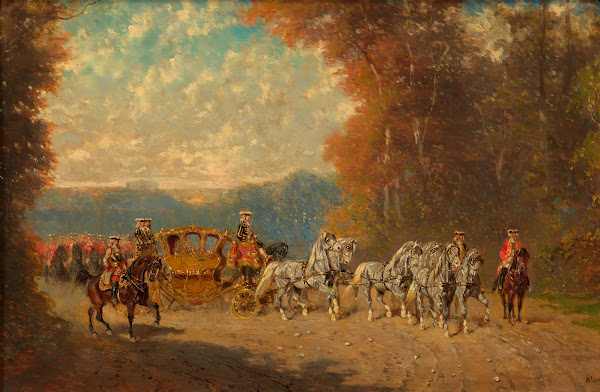 Ausfahrt eines Hofgalawagens mit Garde ca 18801890