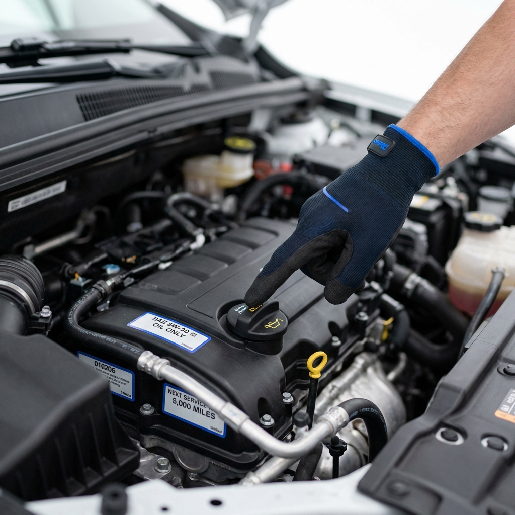 Close up of chevrolet trax car engine bay with mechanic pointing to the oil fill cap and visible service labels on a clean white background