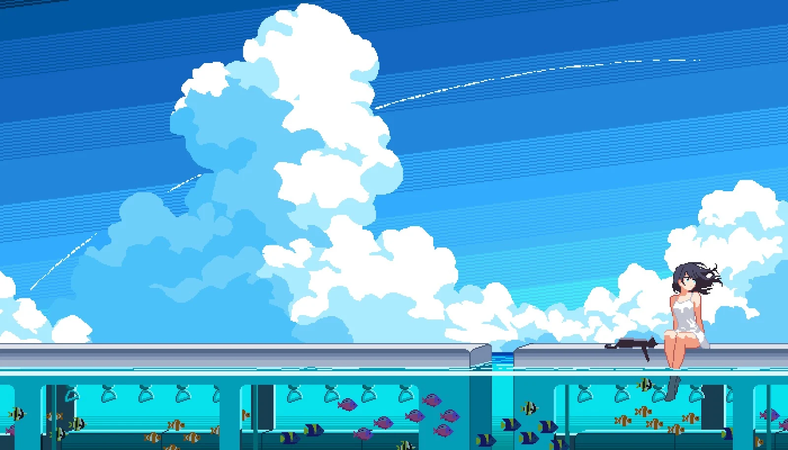 Pixel Anime Girl By Ocean - Pixel Art 5K Wallpaper (7000x4000)