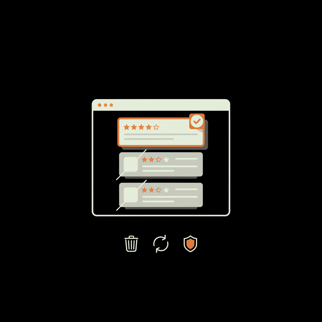 2D vector infographic of a browser review card with a highlighted review and a confirmation check illustrating how to remove a negative Google review