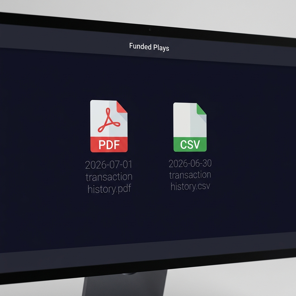 Close up computer monitor showing PDF and CSV icons with dated filenames containing transaction history for betamerica horse racing in a minimalist dark Funded Plays style