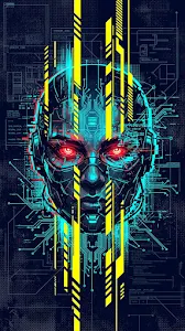 Abstract Cyberpunk Face Illustration with Geometric Glitch Elements