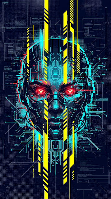 Abstract Cyberpunk Face Illustration with Geometric Glitch Elements - Free mobile Wallpaper