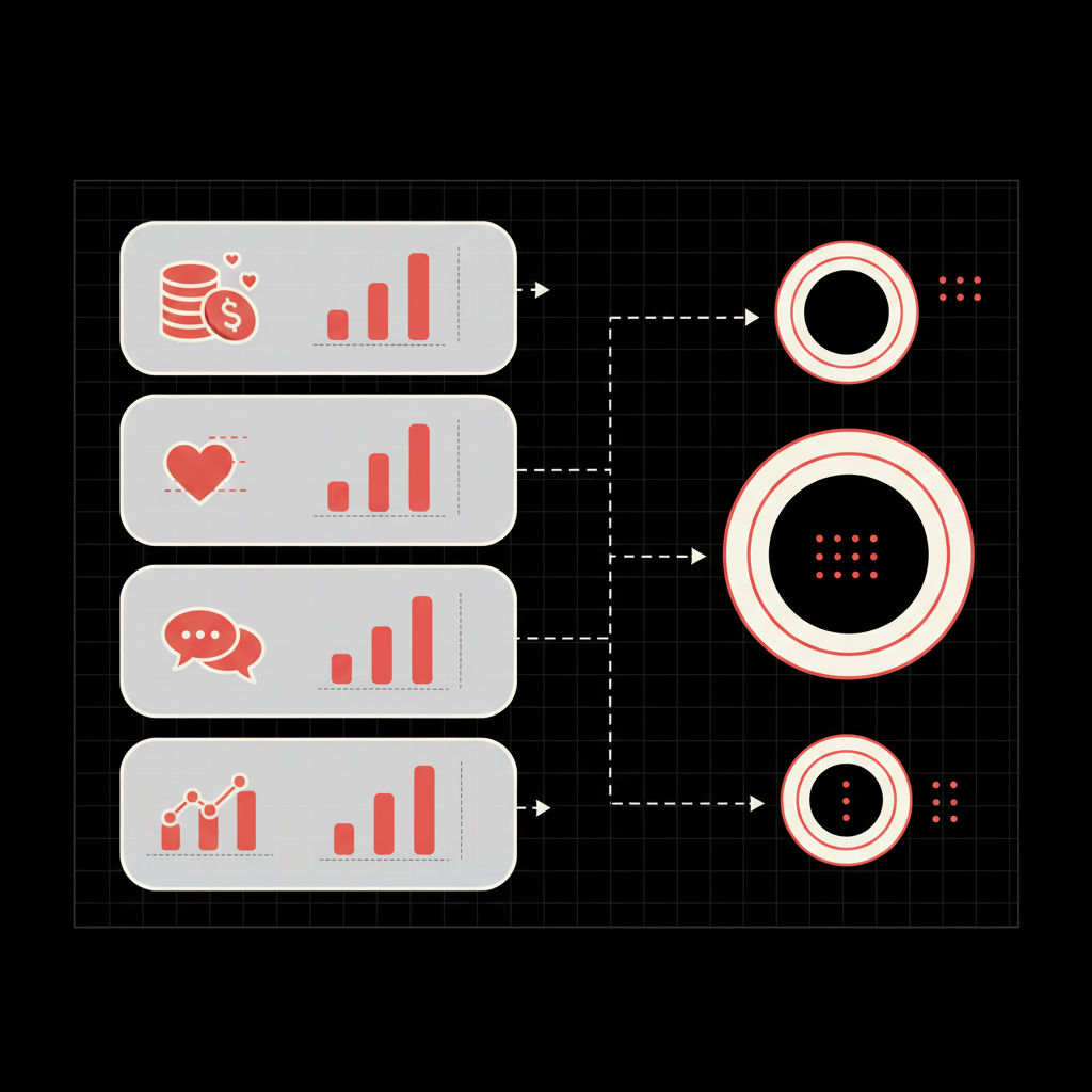 Minimal 2D vector infographic showing a valuation table with metric icons and a multiplier visual on dark background, illustrating how much is a 20k instagram account worth